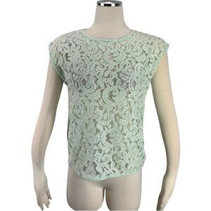 LOFT SP Lace Blouse Small Petite Mint Green Pastel Short Sleeve